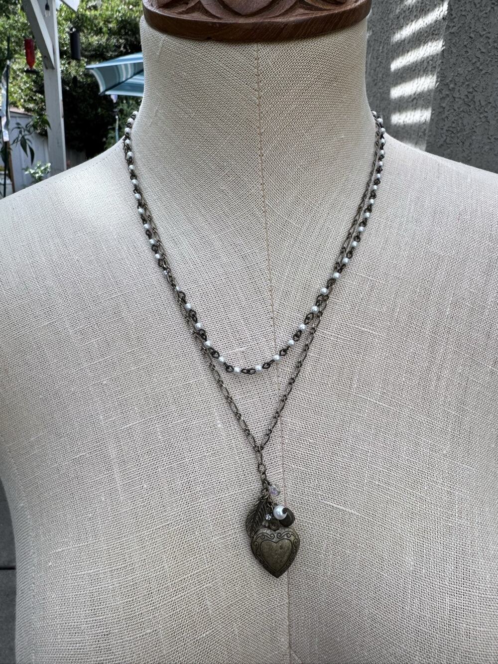 Claire's Layered Heart Locket Necklace Bronze Imitation Pearl Crystal